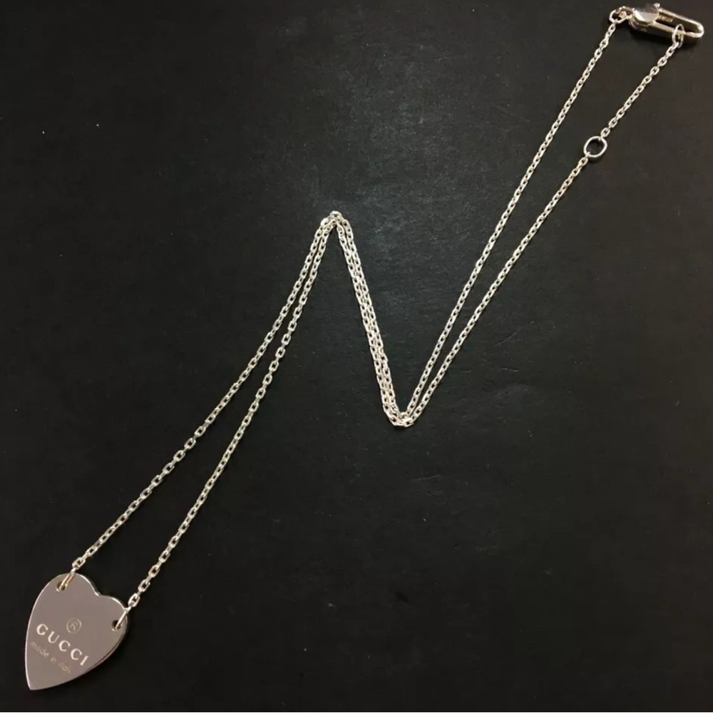 Authentic GUCCI Logo Heart Plate Silver 925 Pendant Necklace